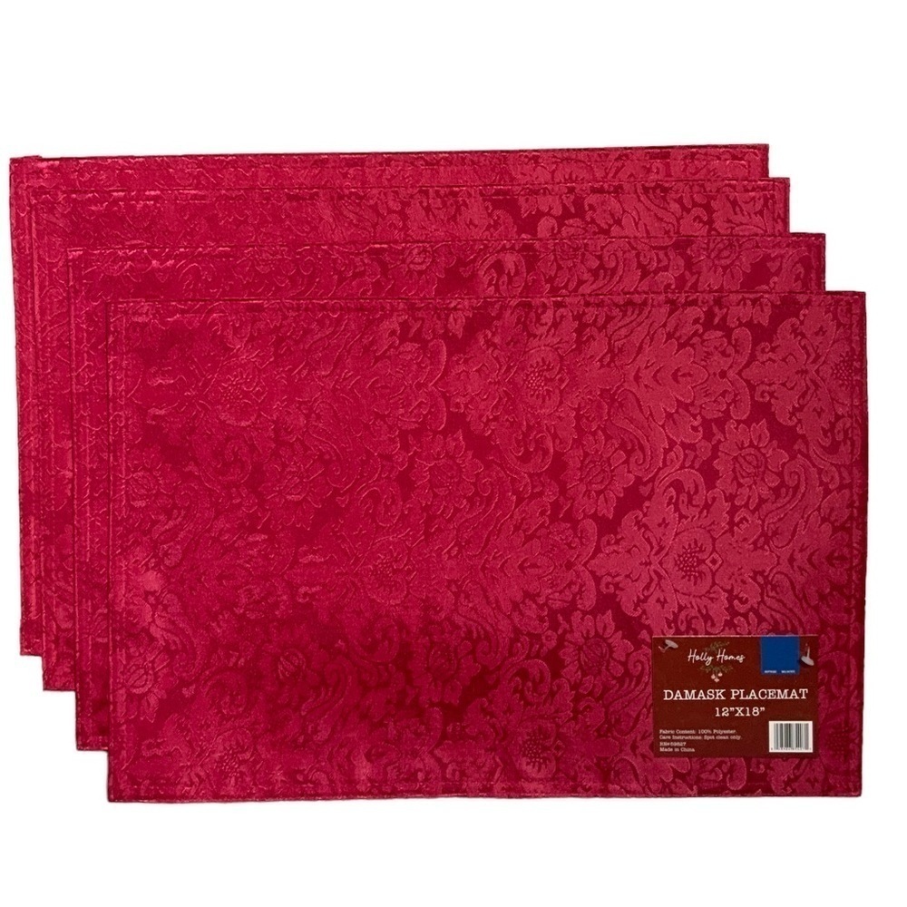 Elegant Placemats Holiday Satin Damask Christmas Rich Red Reversible 4 Piece Set